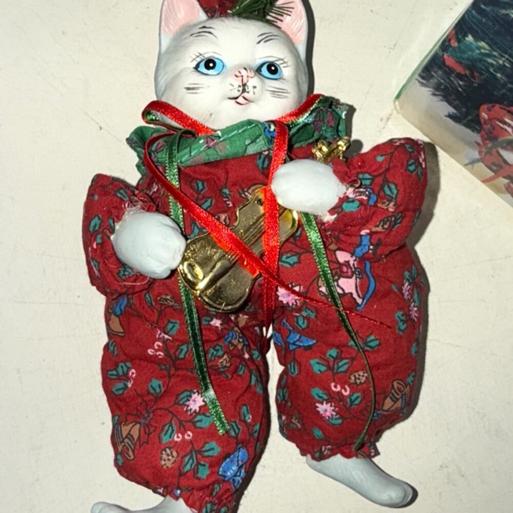 Vintage Ceramic Cat Ornament Doll Soft Body Christmas Ceramic Head plays Guitar